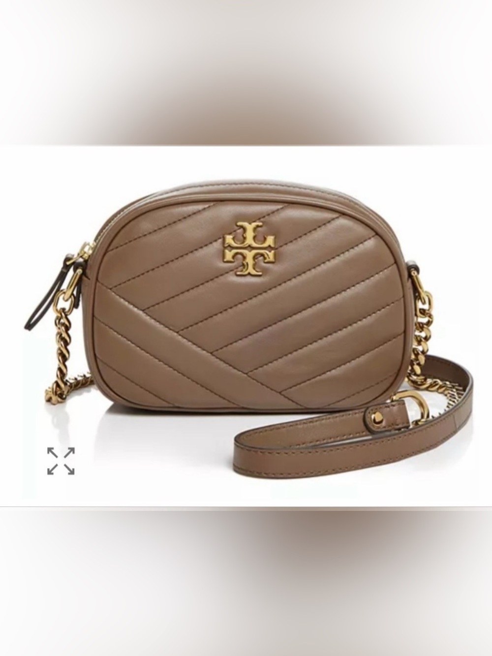 Tory Burch Quilted Chevron Leather Crossbody in Taupe with Gold Hardware